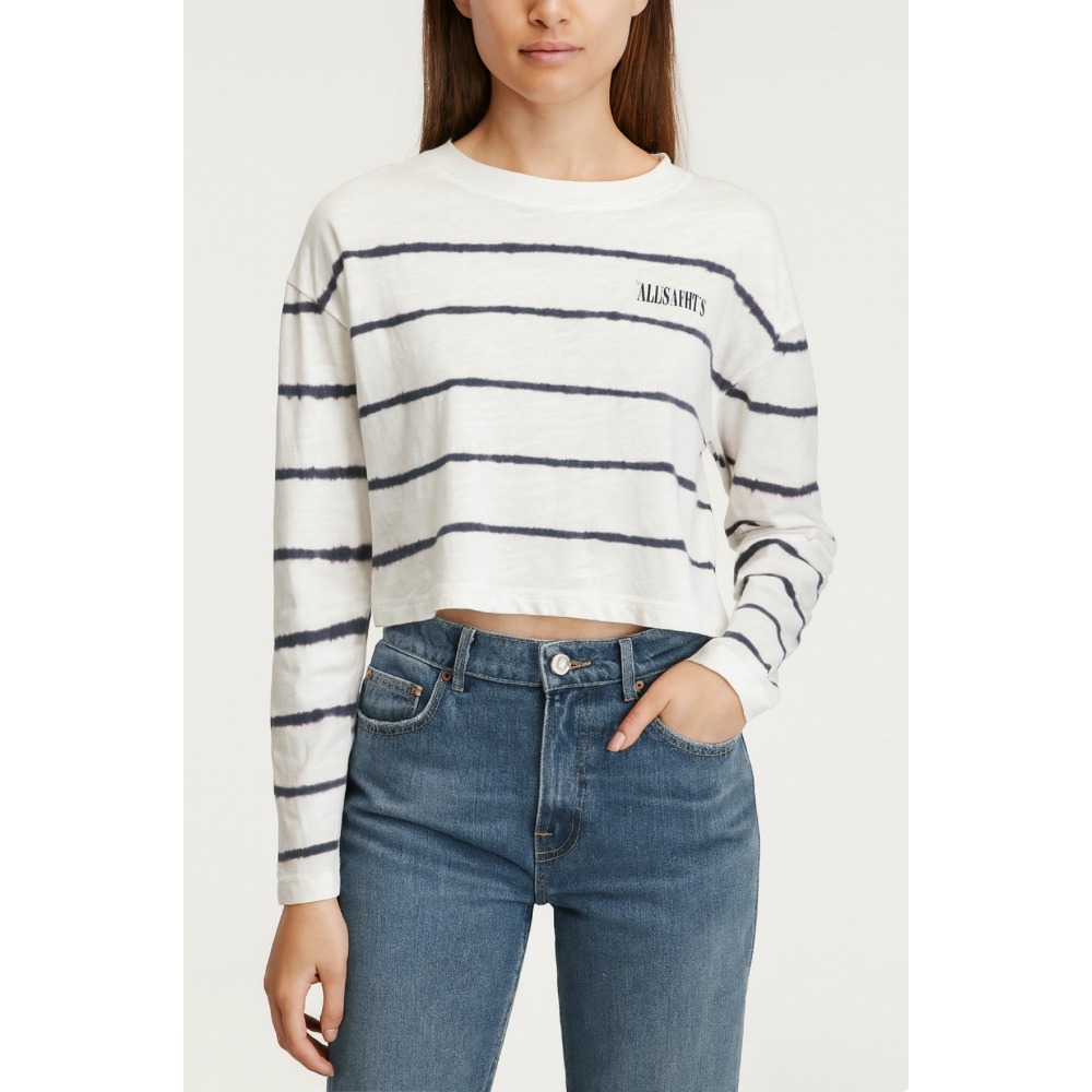 AllSaints Long Sleeve Tee Womens Small White Tystripe Benno Crop